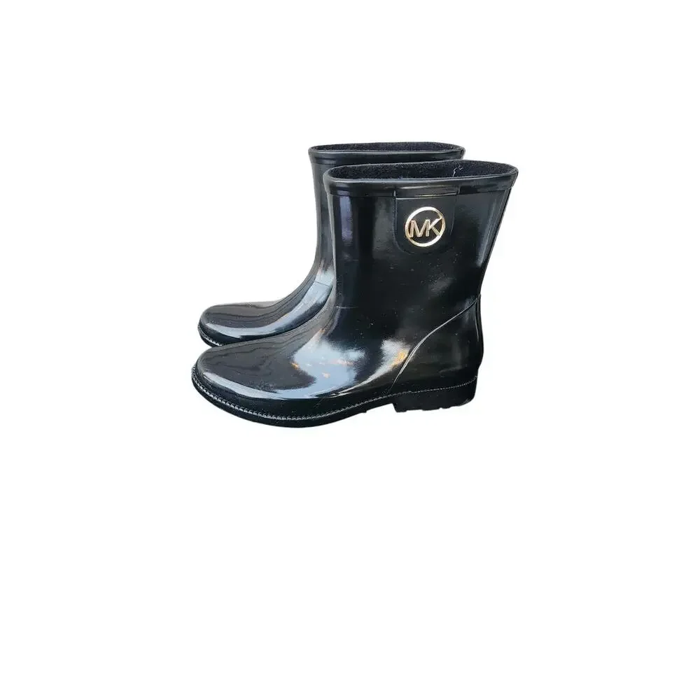 Michael Kors Benji Logo Rain Boots Glossy Black Waterproof Women's Size 8